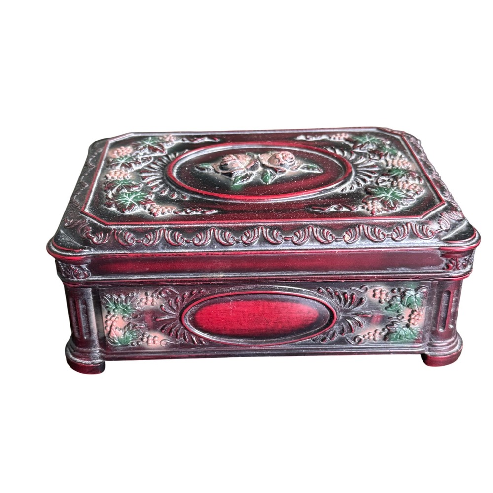 Vintage Style Burgundy Rose and Grapevine Relief Celluloid Jewelry Box